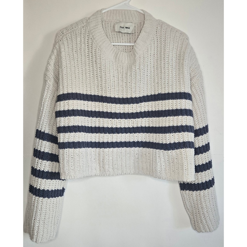 Pink Rose Chenille Striped Cropped Sweater Cream Navy Blue Size S 4S26962